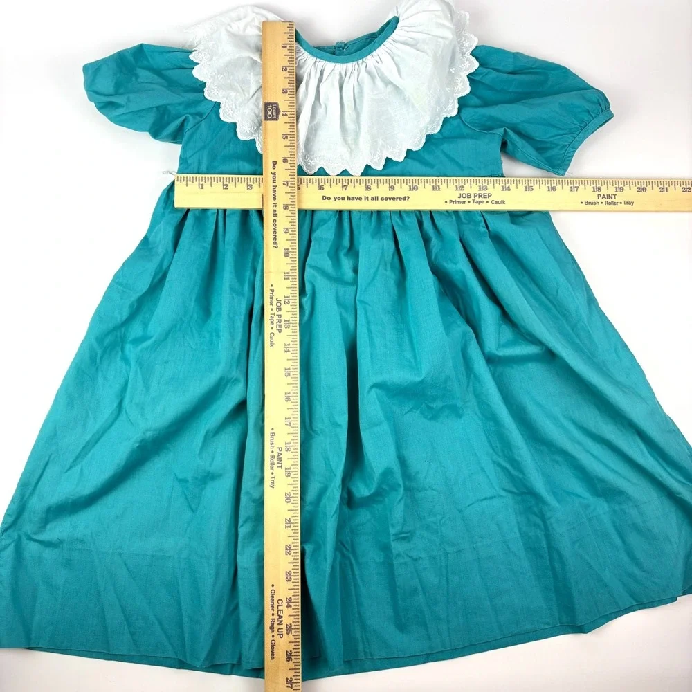 Handmade Girls Dress Sz 7/8? Teal White‎ Embroidered Collar Puff Sleeves Empire